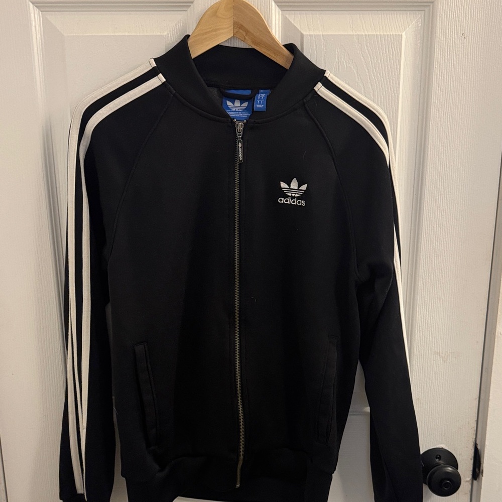 Men’s Adidas Original Black Jacket with White stripes on sleeves